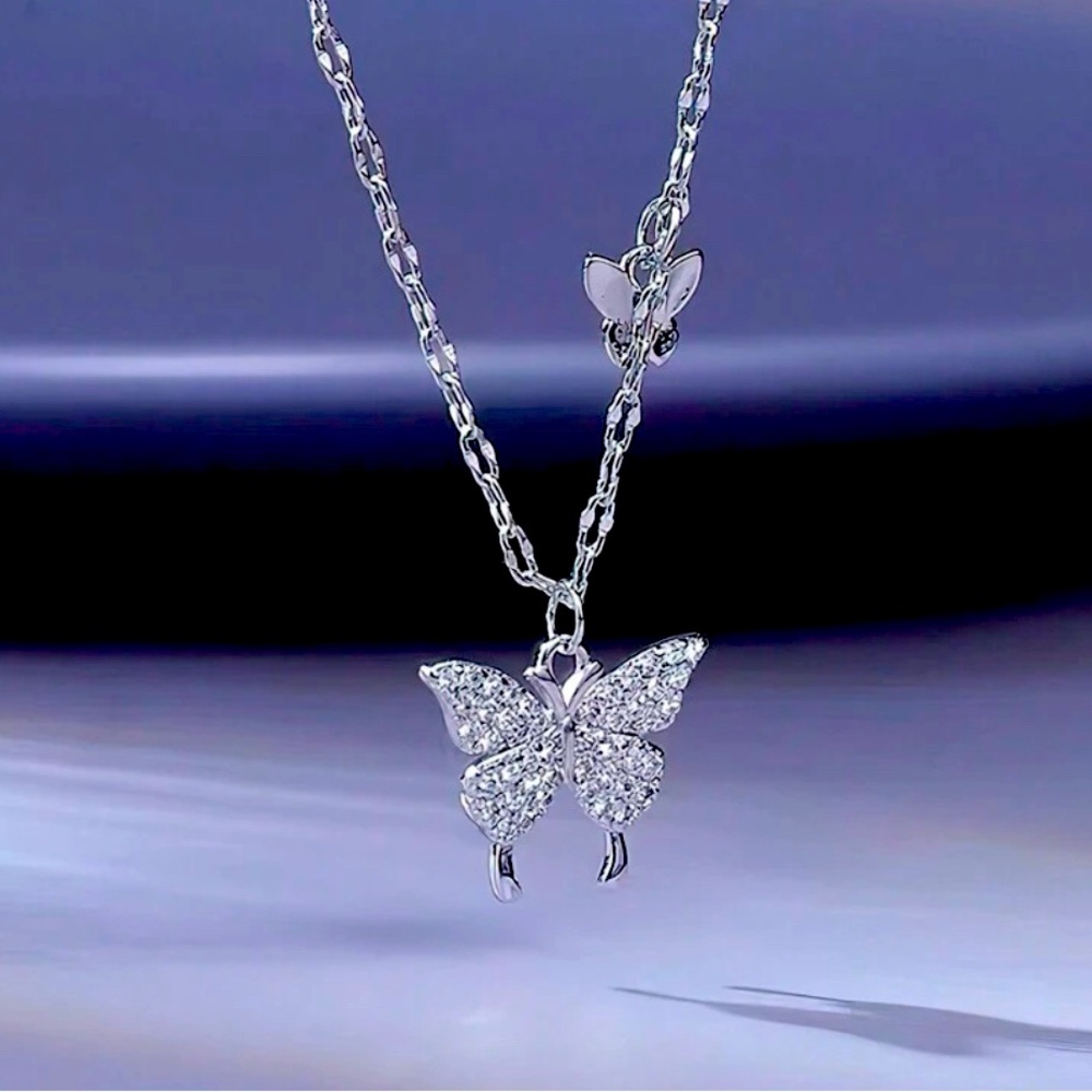925 Sterling Silver Butterfly Necklace Cubic Zirconia Pendant Necklace NIB